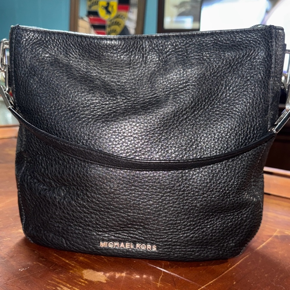 Michael Kors Black Buttery Soft Pebbled Shoulder Bag W/ Chain Link Accent Strap